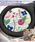 2 In 1 LED Magnifying Glass With Light and Stand showcasing embroidery details with 3.7in glass lens and 8x magnification
