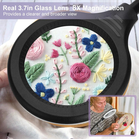 2 In 1 LED Magnifying Glass With Light and Stand showcasing embroidery details with 3.7in glass lens and 8x magnification
