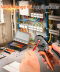 Ferrule Crimping Tool Kit With Portable Case, Square Crimp Pliers For AWG 23-7 shown in use by electrician