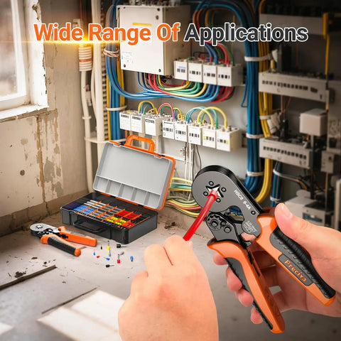 Ferrule Crimping Tool Kit With Portable Case, Square Crimp Pliers For AWG 23-7 shown in use by electrician
