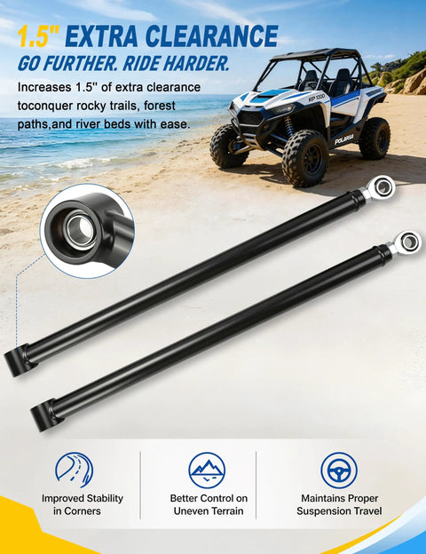 High Clearance Boxed Rear Radius Arm Kit for RZR XP 1000 and XP 4 1000 2014 to 2023, Beefed Up Heavy Duty Steel With Adjustable Heim Joints, 4X Stronger Than Stock, Boxed Rear Arms Replacement, Black, 1.5-inch clearance