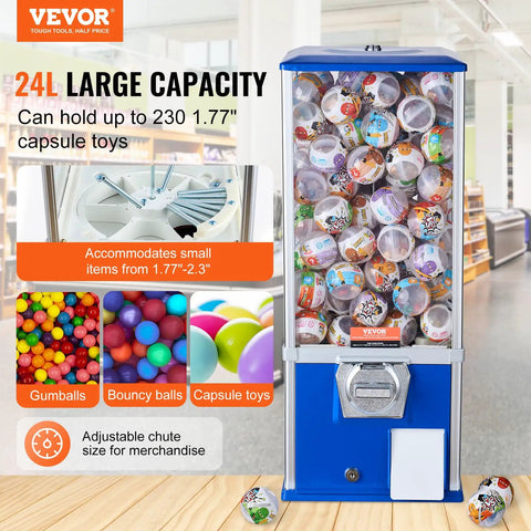 Heavy Duty Coin Operated Gumball Machine For Kids Stands Rock Solid At Twenty Five Inches With Clear Jar Holding Capsule Toys.