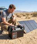 Man using Hardcore 12V Smart Battery Box With Pd Quick Charge Port Anderson Plug Digital Voltmeter in desert with solar panel.