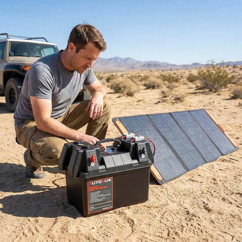 Man using Hardcore 12V Smart Battery Box With Pd Quick Charge Port Anderson Plug Digital Voltmeter in desert with solar panel.