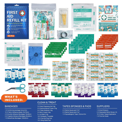 SuccorWare 90-Piece First Aid Refill Kit with blue pouch and assorted bandages, gauze, tape, scissors