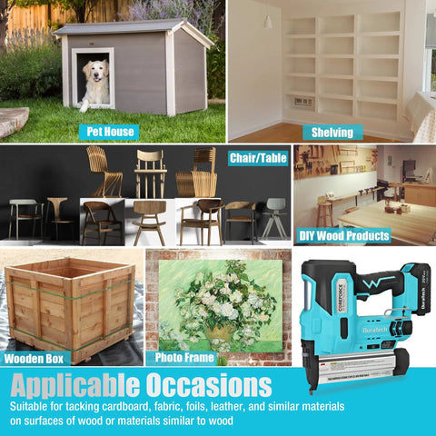 Image of No Nonsense Heavy Duty 20V Cordless Brad Nailer And Staple Gun 18 Gauge with pet house and various wood projects.