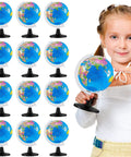 12 Pack Mini World Globes For Kids Learning 3.4 Inch Rotating Globe With Stand Educational Desk Decor For Geography Class Perfect Classroom Display Blue shown with girl holding one globe