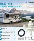 Killer Quality RV Toilet Water Valve Replacement Kit For Dometic 300 310 320 Models with ABS valve and installation hardware in scenic outdoor setting.