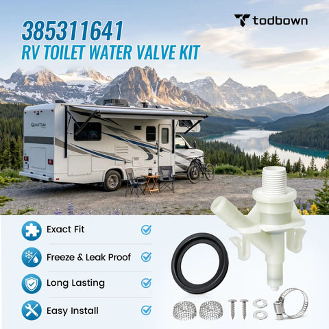 Killer Quality RV Toilet Water Valve Replacement Kit For Dometic 300 310 320 Models with ABS valve and installation hardware in scenic outdoor setting.