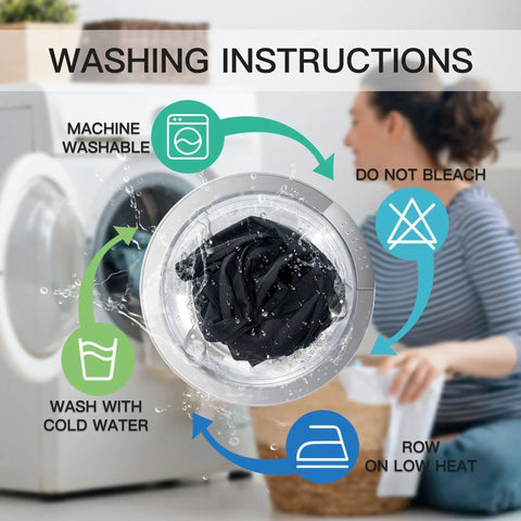 Washing instructions for Fire Retardant Blackout Curtains, machine washable cold water, do not bleach, low heat dry.