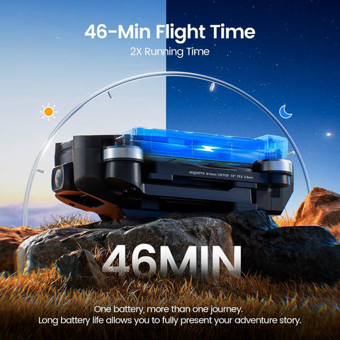 Dope 4K Camera Drone For Adults With FAA Compliant Remote ID Module, showcasing drone on rocks under day-night background