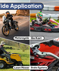 No Sweat Adjustable Cable Stop Barrel Kit With Heavy Duty Threaded Cable Adjusters For Motorcycles Go Karts And Brake Systems - Image showing applications on a motorcycle, go kart, lawn mower, and brake system.