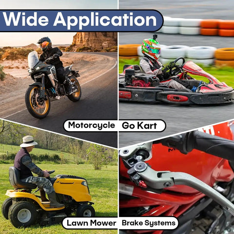 No Sweat Adjustable Cable Stop Barrel Kit With Heavy Duty Threaded Cable Adjusters For Motorcycles Go Karts And Brake Systems - Image showing applications on a motorcycle, go kart, lawn mower, and brake system.