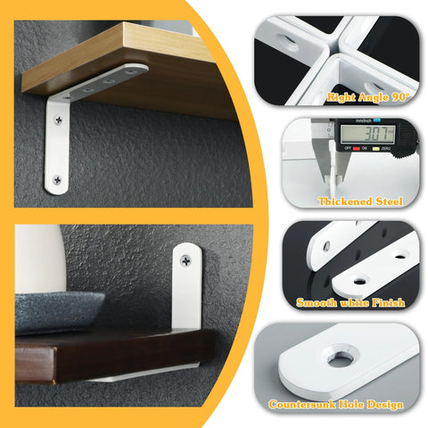 Heavy Duty L Shelf Brackets Stainless Steel 5x3 Inch White Wall Corner Braces For Wood Shelving Pack Of 4 Detail Views