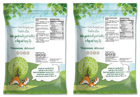 Back of packaging for Macadamia Nuts Bulk 25 Pound Raw Unsalted Unroasted For Snacking And Baking Keto Friendly Kosher And Vegan Snackable Mac Nut.