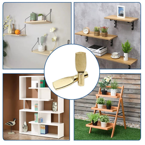 Heavy Duty Gold Plated Shelf Pegs 30 Piece Set 6mm Spoon Support Pins for Adjustable Cabinets Display Racks in use with shelves.