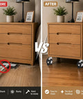 Before and after image showing Top Shelf 3 Inch Twin Wheel Caster Set With Two Locking And Two Swivel Wheels on a nightstand.