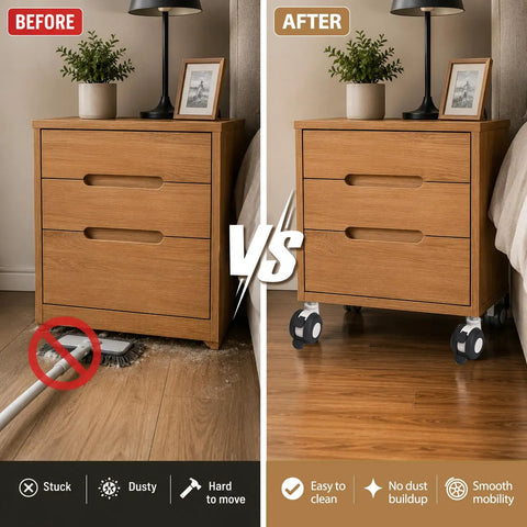 Before and after image showing Top Shelf 3 Inch Twin Wheel Caster Set With Two Locking And Two Swivel Wheels on a nightstand.