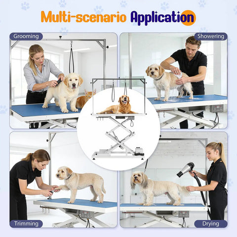 Huge Heavy Duty Electric Pet Grooming Lift Table With Double Scissor Blue Top, height adjustable for grooming, showering, trimming, drying.
