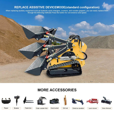 Triangular Track Skid Steer Loader T460 With 43.8 Inch Bucket 23HP Stand On Crawler Machine Hydraulic Drive Compact Track Loader 840 Lb Lifting Capacity A Real Workhorse For Small Jobs USA Stock shown with multiple attachments