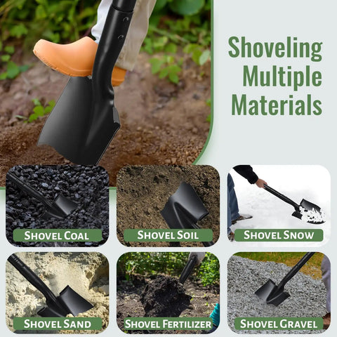 Heavy Duty Small Shovel For Digging With Long 43 Inch Handle shoveling multiple materials like soil, coal, snow, sand, fertilizer, gravel