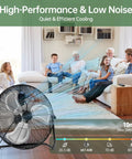 Beastly 20 Inch Industrial High Velocity Floor Fan cooling a family in a living room setting with quiet and efficient performance.