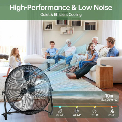 Beastly 20 Inch Industrial High Velocity Floor Fan cooling a family in a living room setting with quiet and efficient performance.