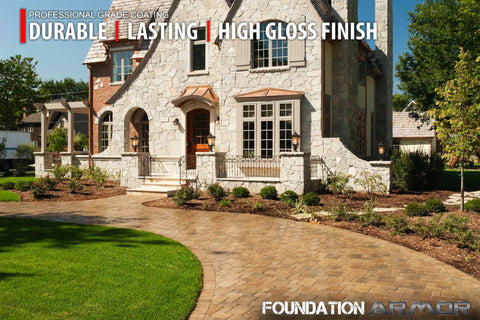 Top Tier Brown Tinted Concrete Sealer With High Gloss Glow Up Solvent Based Cure And Seal In A 5 Gallon Size applied on a stylish brick driveway.