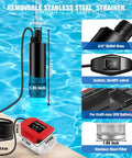 Heavy Duty 635 GPH Submersible Water Pump With Integrated Sediment Filter And 9.8 Foot Rise in water with controls and strainer visible.