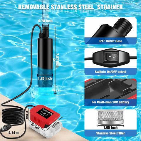 Heavy Duty 635 GPH Submersible Water Pump With Integrated Sediment Filter And 9.8 Foot Rise in water with controls and strainer visible.