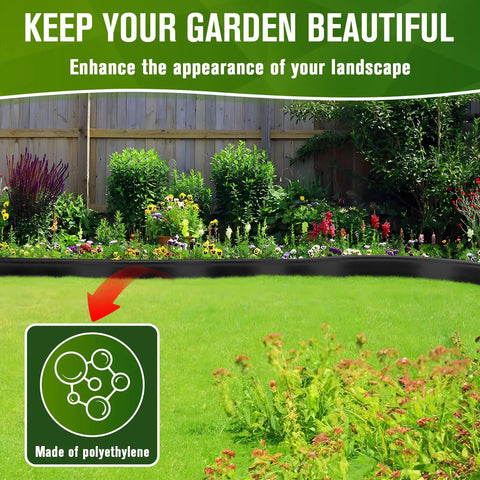 No Dig Garden Edging Kit 3 Inch By 100 Foot Flexible Landscape Border with flowers and green lawn, polyethylene material display