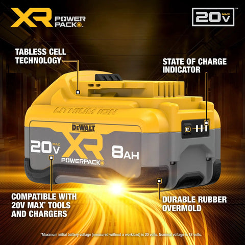 Image of 20V Max XR Powerpack 8.0Ah Battery for Power Tools, showcasing state of charge indicator and durable rubber overmold.