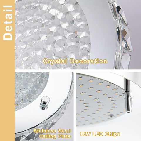 Detail view of 13 inch Flush Mount LED Crystal Ceiling Light with edge crystal glass and dimmable LED chips.