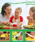 Front view of 14-piece Montessori toy kitchen knife set for toddlers on a wooden cutting board