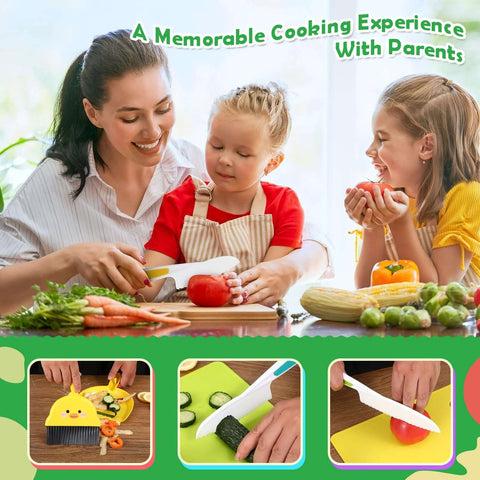 Front view of 14-piece Montessori toy kitchen knife set for toddlers on a wooden cutting board