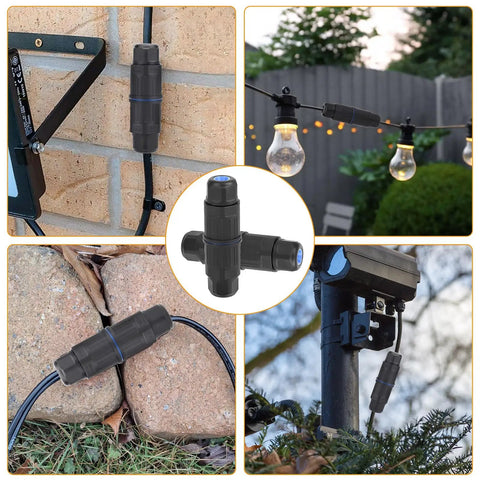 10 Pack Waterproof IP68 Outdoor Junction Box With 3 Way Quick Terminal All-Weather Replaceable Lever Wire Connectors installed outdoors.