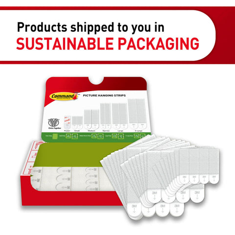 Open box of Damage-Free Picture Hanging Strips Set With 64 Strips For Large 15Lb, Medium 10Lb And Small 5Lb Frames; sustainable packaging