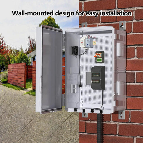 Wall-mounted Outdoor Electrical Enclosure With Thermostat And Fan, Ventilated All Weather Box, rugged gray cover visible