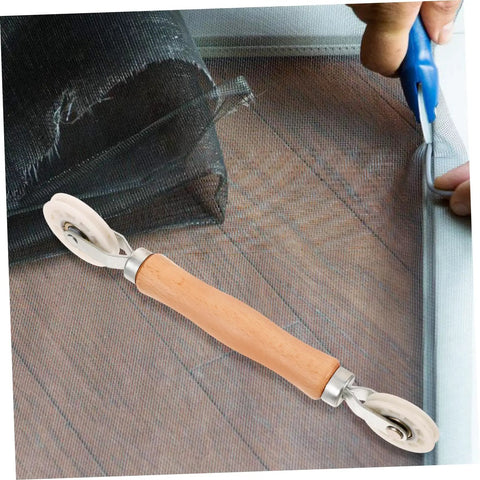 Window Screen Spline Roller Tool With Durable Wooden Handle For Easy Mesh Installation And Quick Repair Kit on wood surface