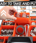 Front view of 185-piece stainless steel worm-gear hose clamp set in an orange organizer; sizes 1/4–2 in (6–51 mm).