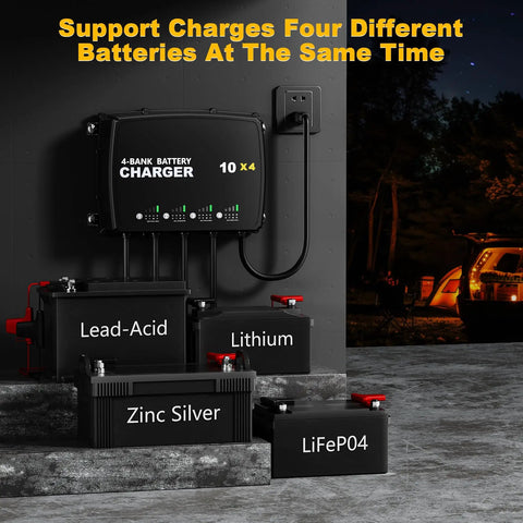 4-Bank Marine Battery Charger With Waterproof, Rugged Setup, 10A Per Bank, 12V Multi-Mode Charging For AGM, LiFePO4 And Deep-Cycle Batteries, Ideal For Boats, Yachts, And Marine Electronics