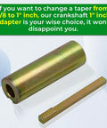 Crankshaft taper adapter set in gold-toned steel; converts 7/8" to 1" shaft with cylindrical bushing and rectangular insert.