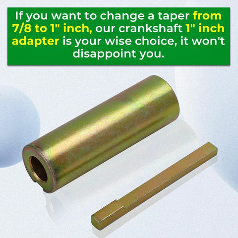 Crankshaft taper adapter set in gold-toned steel; converts 7/8" to 1" shaft with cylindrical bushing and rectangular insert.