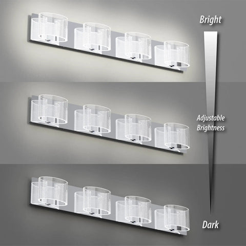 4 Light LED Bathroom Vanity Light 33.5 Inch Chrome Finish Dimmable Fixtures With Transparent Acrylic Lampshades 6000K Brightness Levels