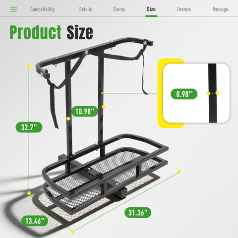 Heavy Duty Golf Cart Rear Seat Bag Holder Rack For 2 Inch Receiver Fits EZGO Yamaha Club Car Steel Powder Coated Black Universal Golf Bag Carrier For Carts No Brainer Easy Install And Universal Fit For Courses And Residential Use showing dimensions 32.7x31.36x13.46 inches.
