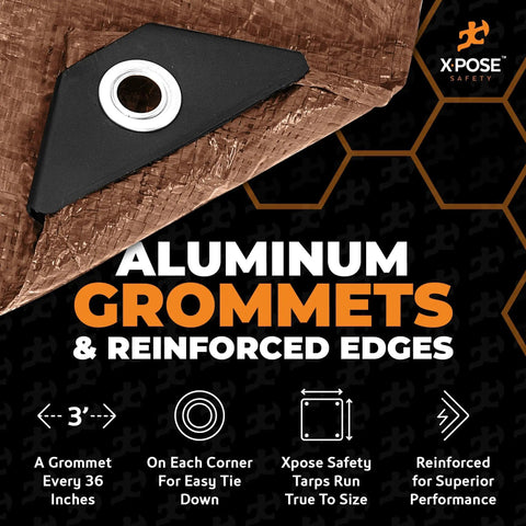 Close-up of heavy duty brown poly tarp 5x7 foot corner with aluminum grommet, reinforced edge