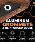 Heavy Duty All Purpose Brown Poly Tarp 30 Feet By 40 Feet 5 Mil Thick Weather Water Resistant Tarpaulin close-up with aluminum grommets and reinforced edges.