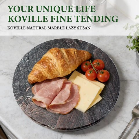 16 Inch Natural Rosso Luana Marble Lazy Susan Cabinet Turntable with croissant, ham, cheese, and tomatoes on a marble surface.