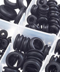 200 Piece Hollow Rubber Grommet Assortment Kit For Firewall Cable Holes 1/4 Inch To 1 Inch Grommets organized in a plastic case