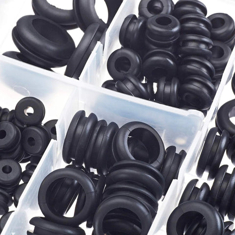 200 Piece Hollow Rubber Grommet Assortment Kit For Firewall Cable Holes 1/4 Inch To 1 Inch Grommets organized in a plastic case